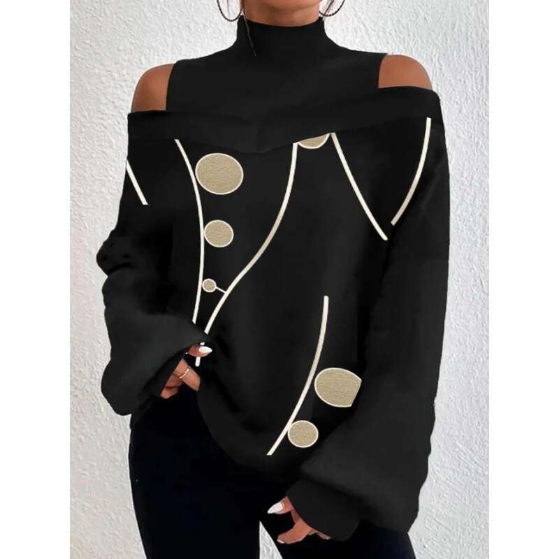 Spring Fall Shoulder Design Women's Lantern Sleeve Printed Top 2024 New Casual Versatile Fashion Clothing
