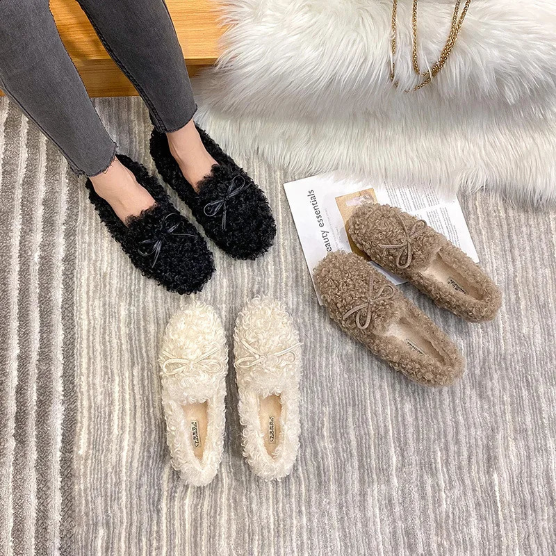 Fuzzy Lambswool Moccasins Woman Bowtie Flats Winter Cotton Fur Lined Shoes Ladies Curly Wool Loafers Femmes Shearling Boots 250206