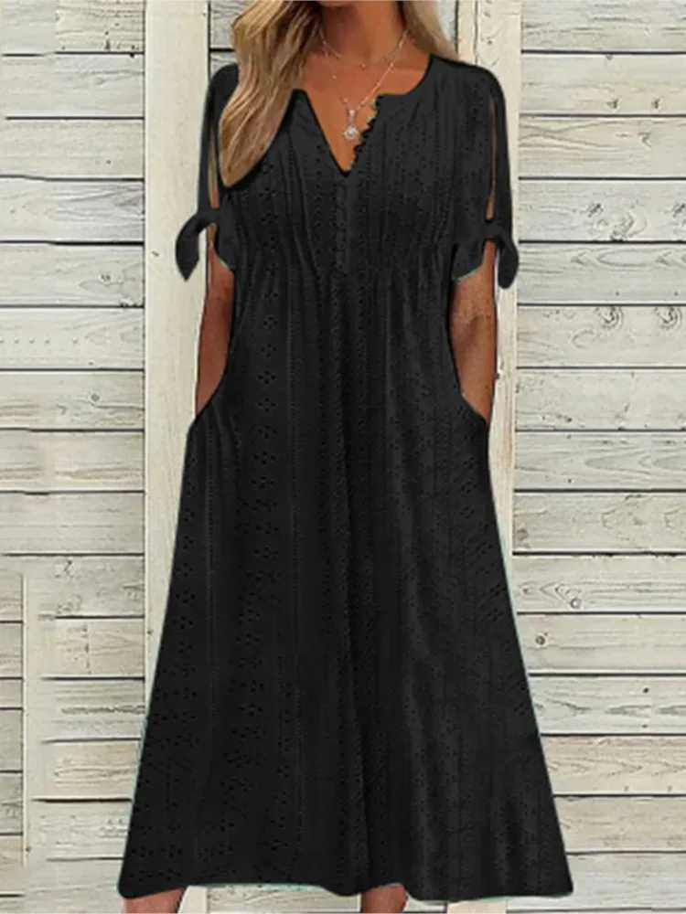 Summer Solid Color Short Sved Womens Dresses Fashion Sexy Hollow V Neck Lace Ruffle Casual Simple Fe Beach Holiday DressXJ2500207