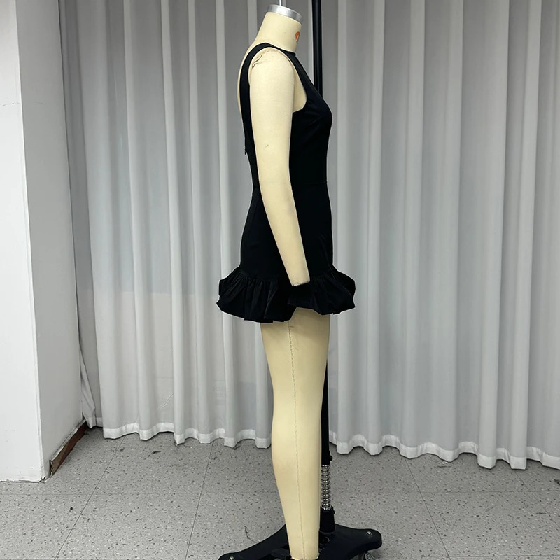 Wefads mini dress elegant and sexy solid sleeveless round neck button waist backless evening party bubble black short skirt 250206
