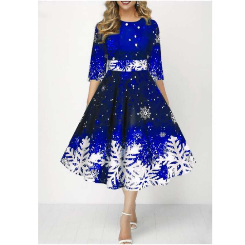 Christmas style European and American women's fashion personality snowflake digital printing mid sleeve waist cinched dress 2024 temperament vers