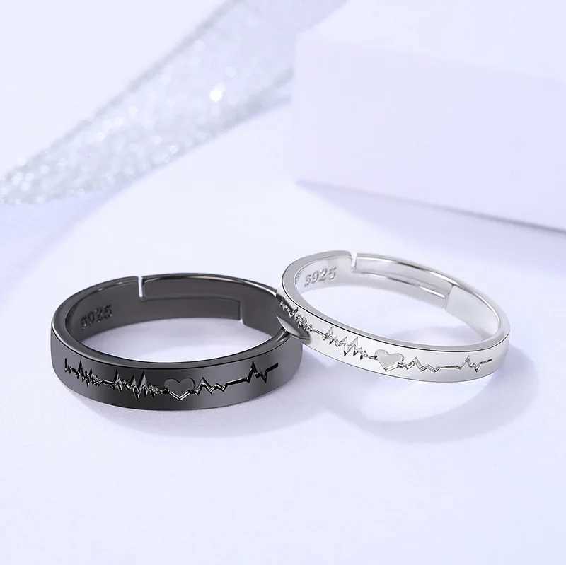 2Pcs/set Romantic Couple Rings for Women Men Punk Heart ECG Black White Sun Moon Wedding Ring Valentines Day Gift W250207