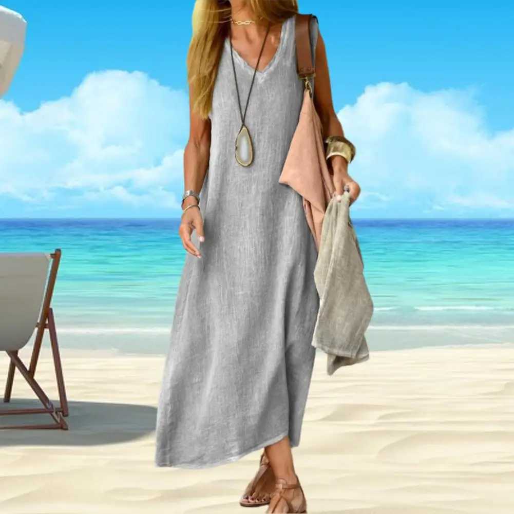 Summer Women Dress A-Line Pullover All-match Sveless Large Hem Long Sundress Soft Quick Drying V Neck Lady Tank DressXJ2500207