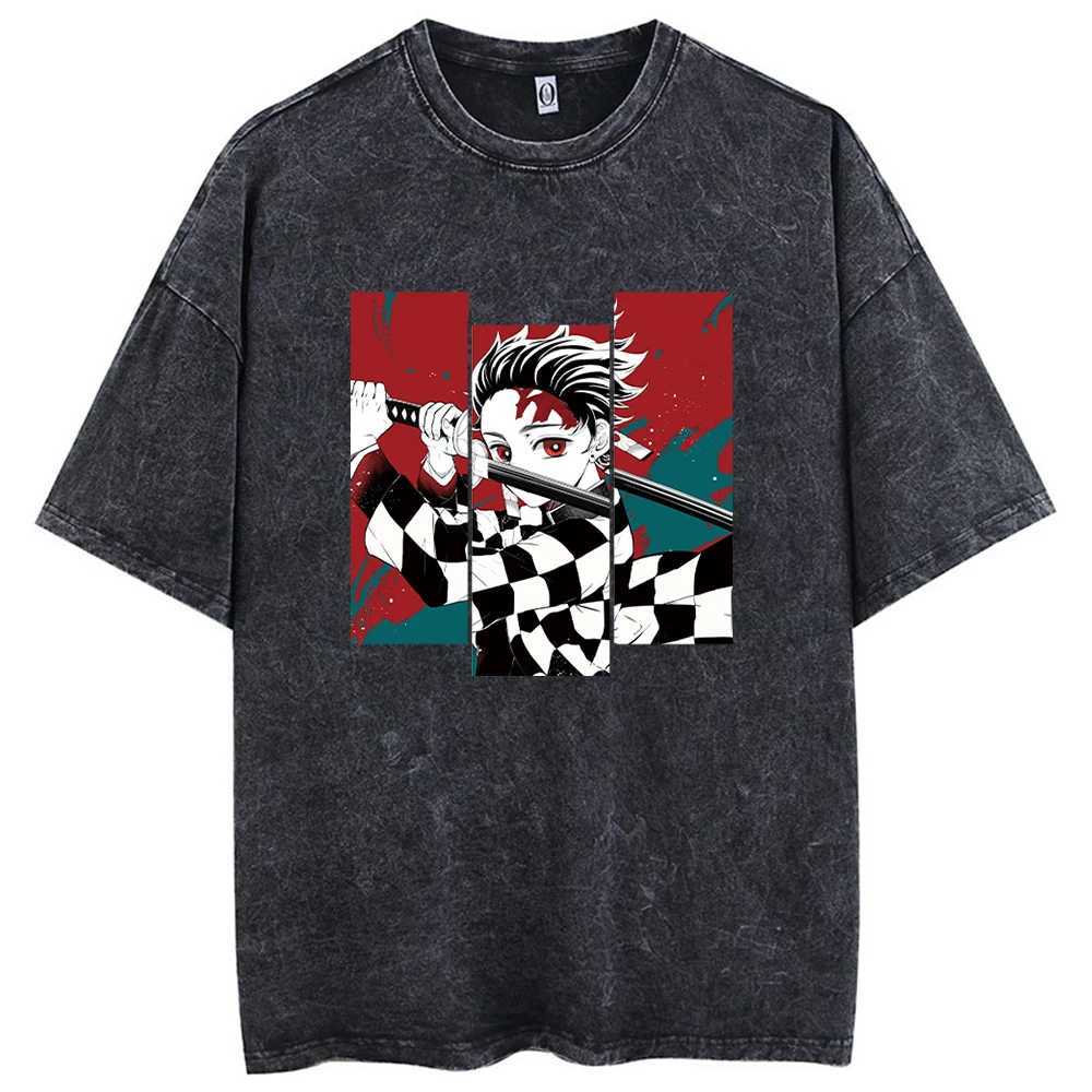 Anime Printed Acid Washed T Shirt 100% Cotton Short Sleeves Streetwear Tops Vintage Manga Fashion Oversized Tees UnisexT250207