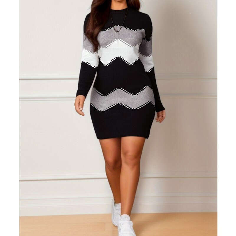 European American women's mid to short skirt, round neck, long sleeved printed knitted hip hing dress, 2024 new style, chic and elegant clothing