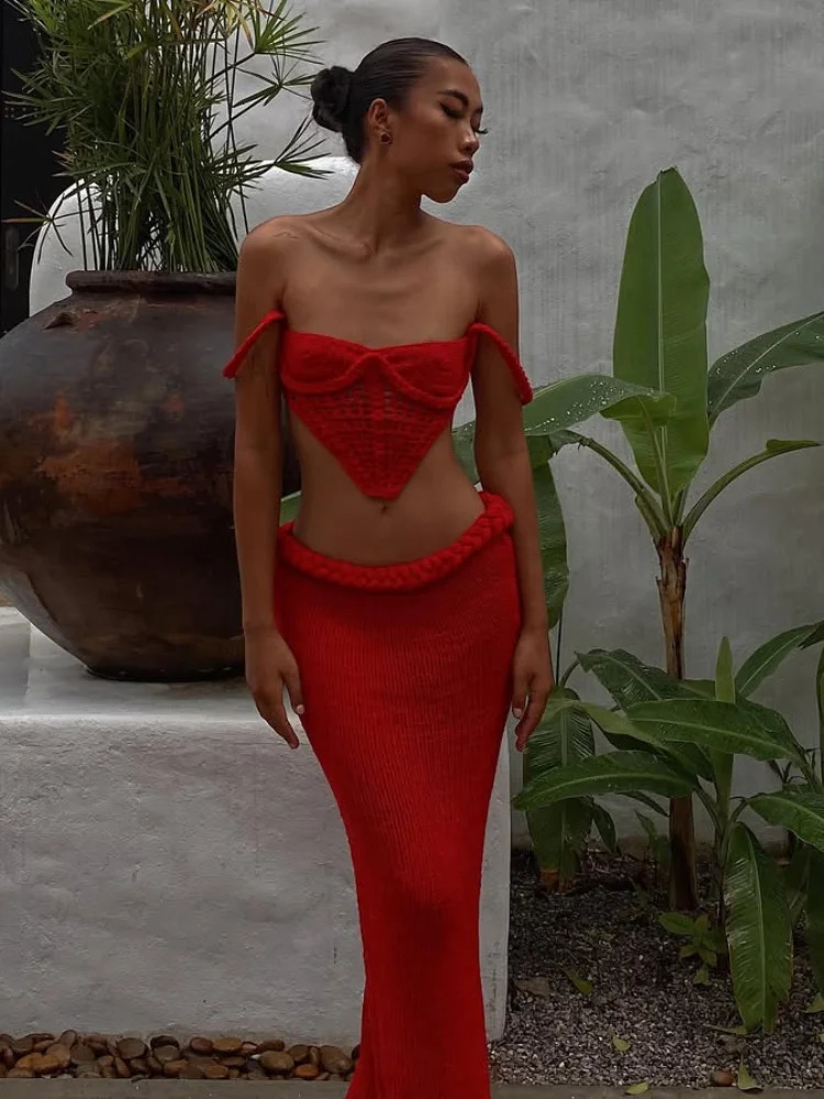 Sexy Knit Bra Top Skirts Sets Women Twist Hollow Out Strap Backless Crop Corset Split Skirt Suits Female 2 Pieces Holiday Beach 250206