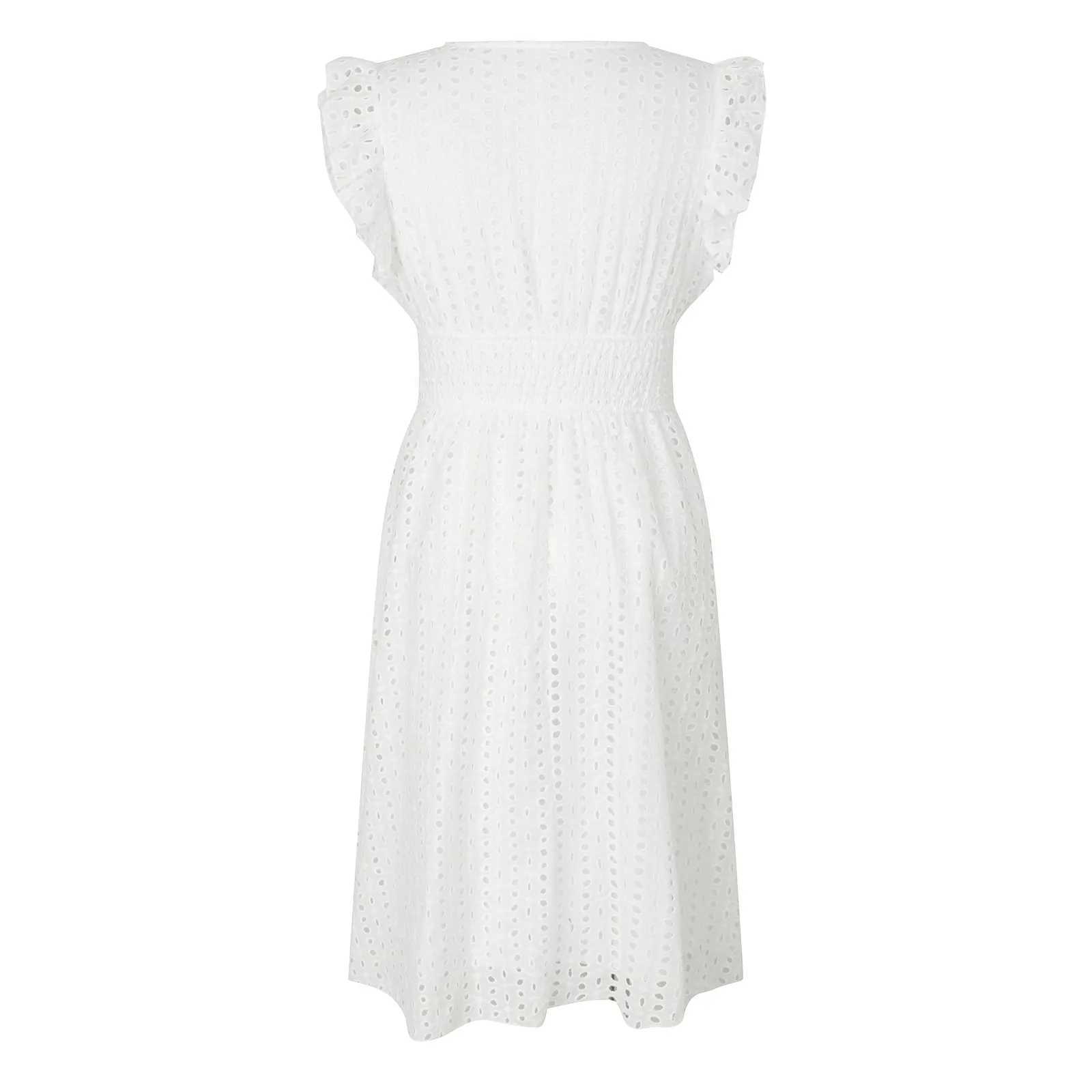 Women White V-Neck Beach Dress Solid Summer A-Line Half Sve Shirt Dress Casual Loose Pocket Sundress Holiday Baggy Long RobeXJ2500207