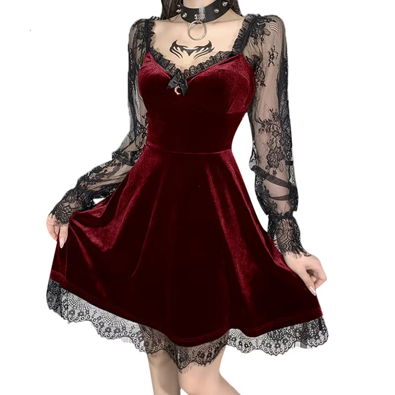 Women Lolita Mini Evening Party Spring Summer Clothes Ral Long Sleeve Lace Patchwork Dress Sexy Club