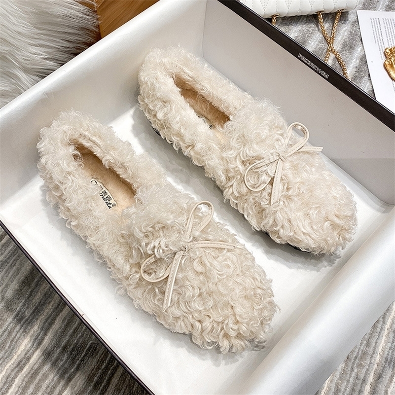 Womens plush cotton shoes Winter outdoor warm snow boots Flat bottomed Lefu shoes Lambhair Butterfly decoration Large 41 250206