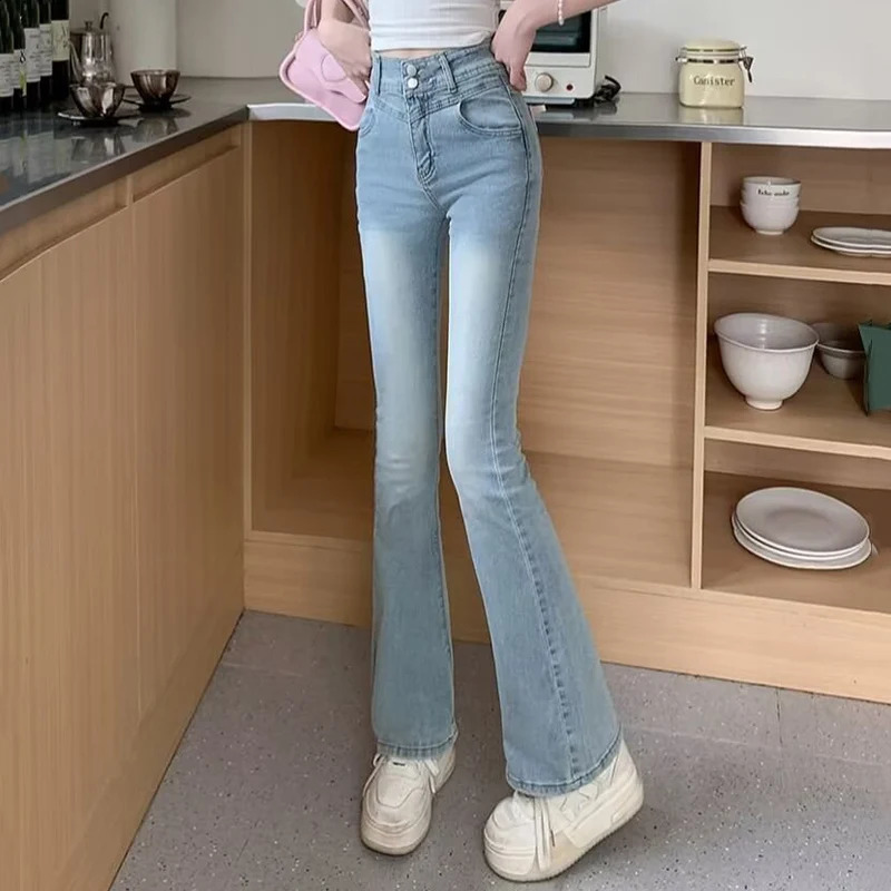 Woman Daily Vintage Blue Flare Jeans Female High Waist Stretch Bell Bottom Pants Girls Kawaii Lace Bow Decoration Denim Trousers 250206