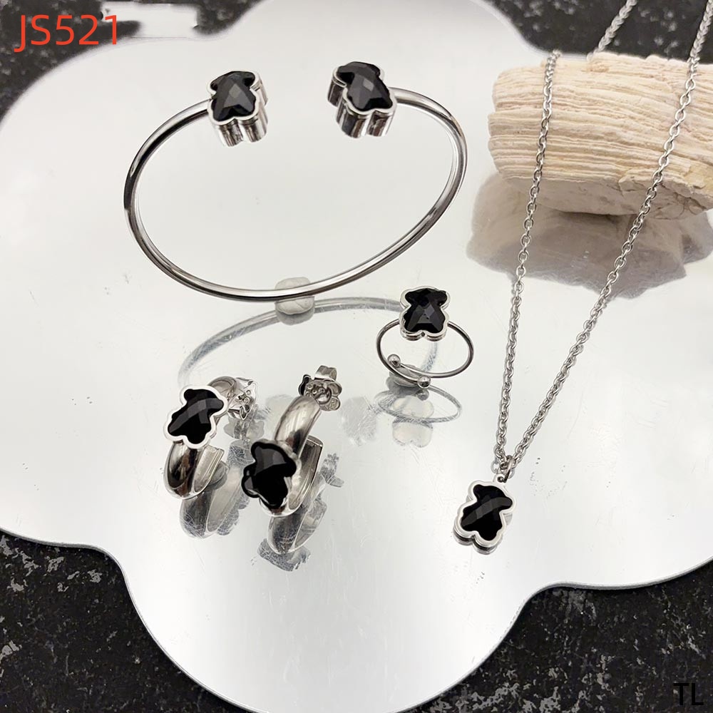 New Fashion Women Silver Gold Stainless Steel Bear Circle Pendant White Black Glass Bangle Bracelet Earrings Hollow Sets Jewelry