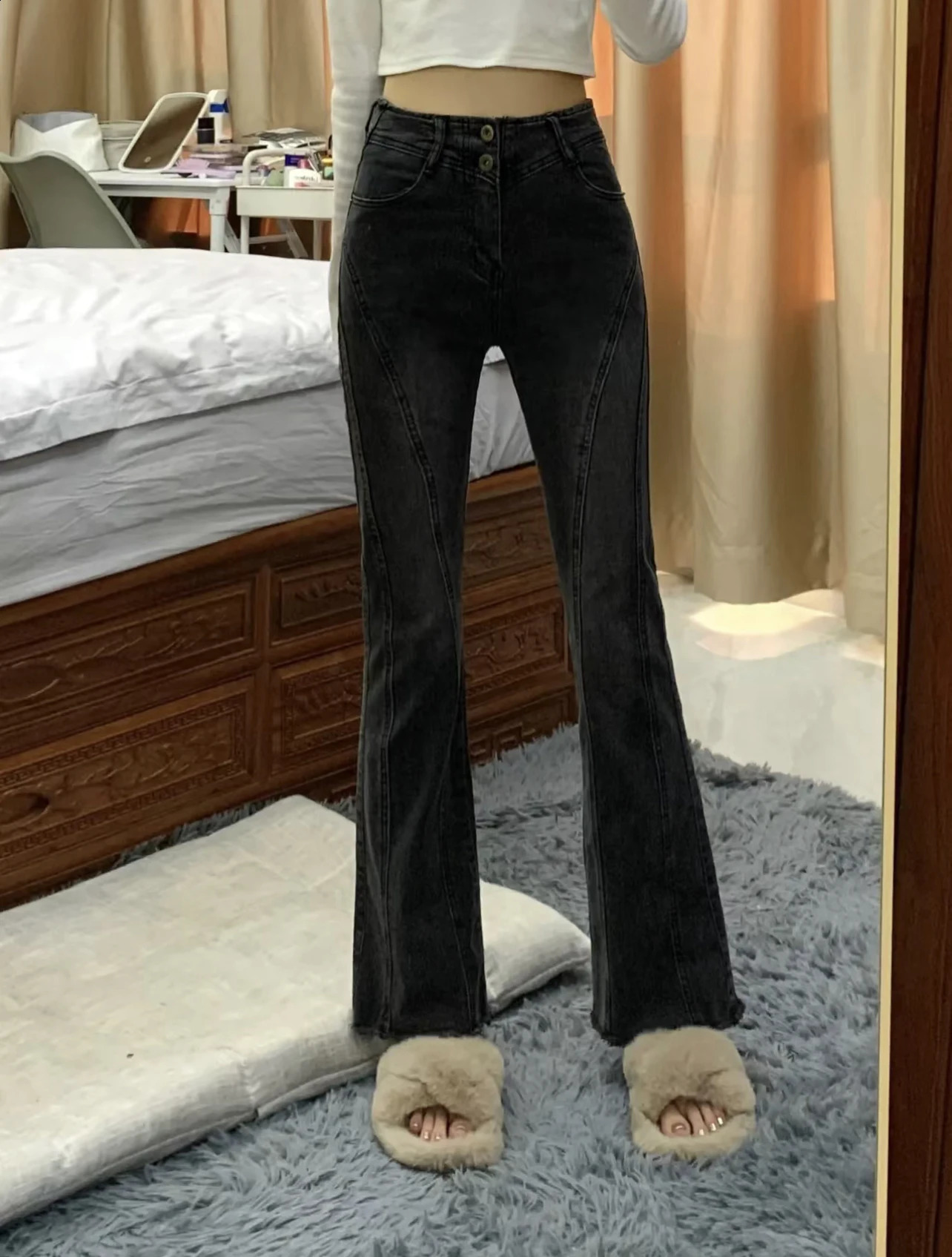 145 Petite girls retro bootcut jeans for women high waist straight slim stretch xs ninepoint flared pants 250206