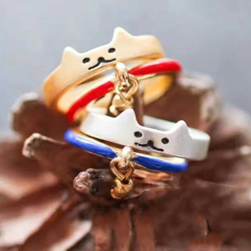Set of 2 Cute Fashion Painted Enamel Animal Cat Bell Paw Print Open Ring Women Fashion Jewelry Couple Gift W250207