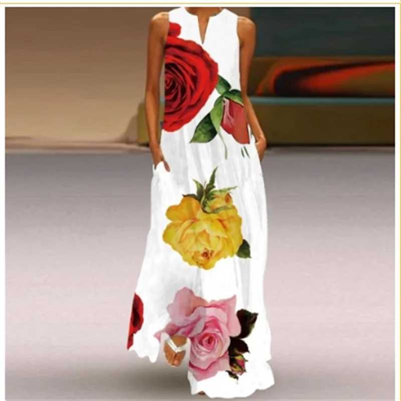 Vintage Flower Print Women Dress Summer Fashion Sexy V-neck Sveless Long Dress Ele Ladies Maxi Dress Fe Robe VestidosXJ2500207