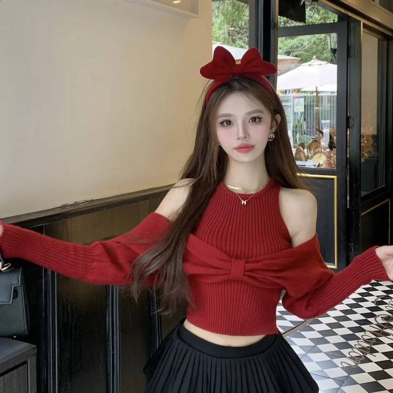 Sexy Off Shoulder Sweater Women Christmas Elegant Manners Bow Solid Two Piece Knit Jumpers Chic Vest Office Lady Tops 250121
