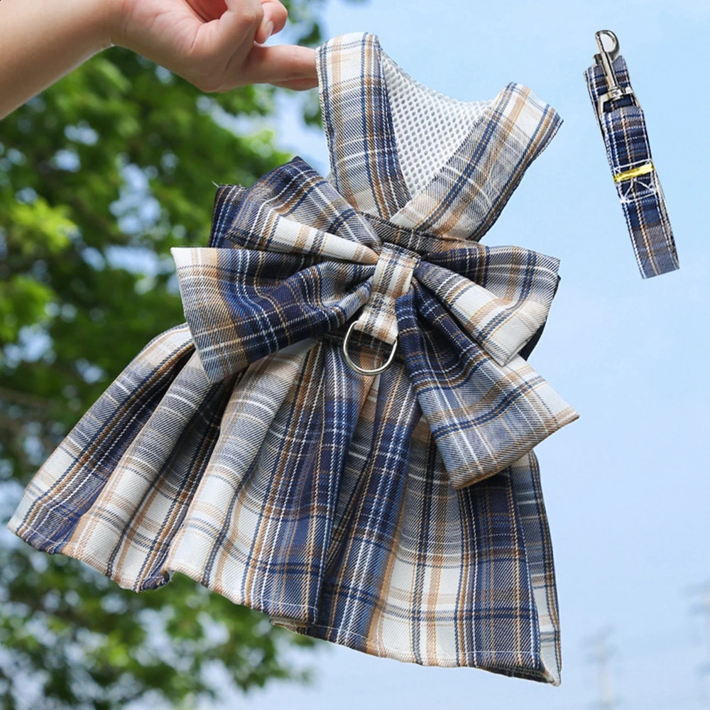 JK Dog Dress Harnesses with Leash Set Plaid Puppy Girl Skirt Doggy Dresses with Leash Ring Doggie Clothes for Small Medium Dogs 250206