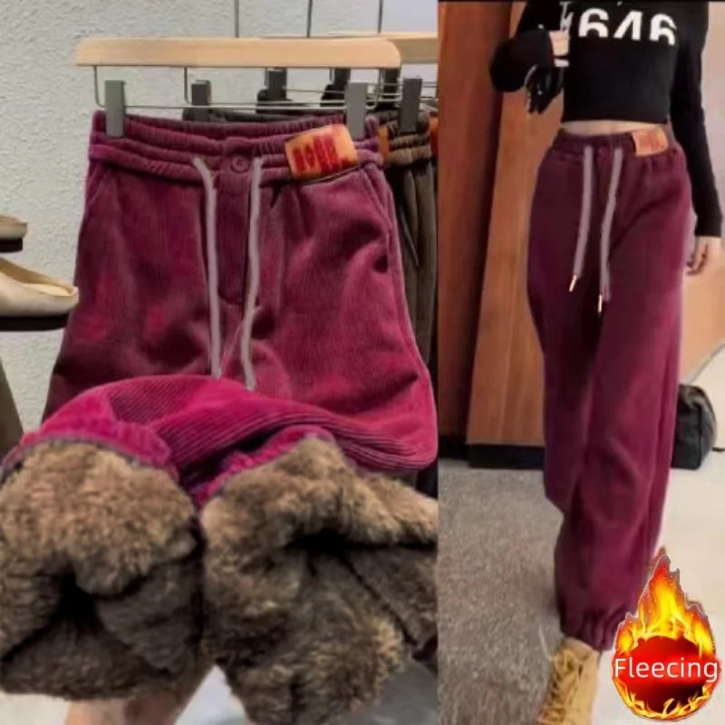 In Winter Plus Size Womens Pants Casual Matching Warm Fleece Trousers Office Lady Vintage Drawstring Pants Chic Sportswear 250207