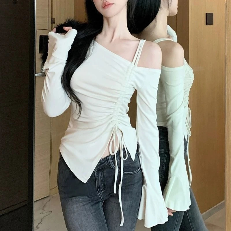 Spring Autumn Cotton Flare Sleeve T Shirts Women Solid Bodycone Basic Long Sleeve Crop Tops Casual Shirring Off-shoulder Tees 250207