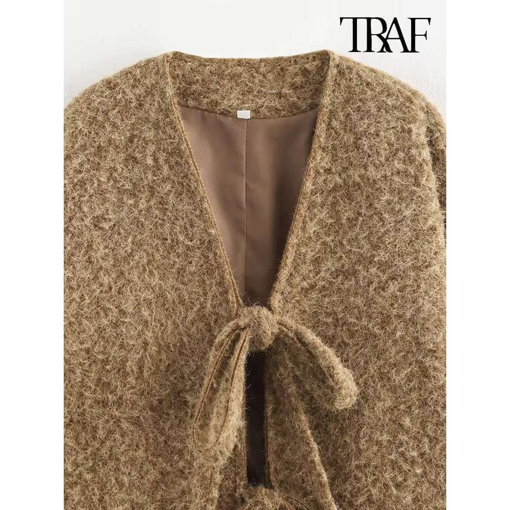 Bow Tie Design Solid Colour Fashion Retro V-Neck Small Cardigan Woolen Jacket Elegant Women's Clothing