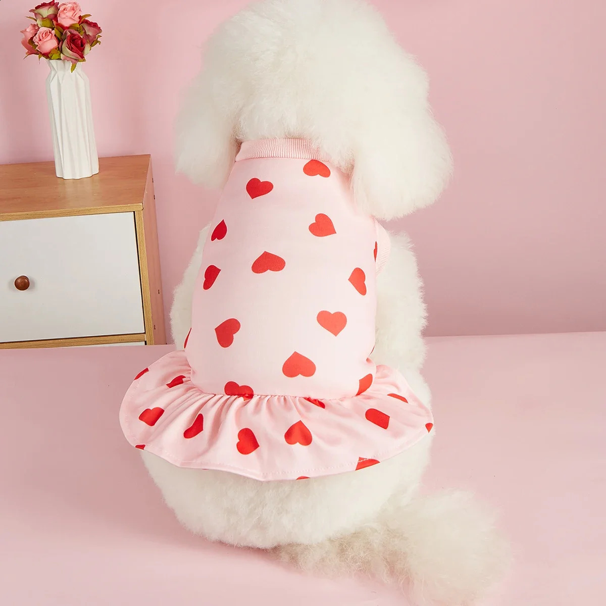 Dog Sweatershirt Dress Valentines Day Dog Clothes Pullover Casual Style Comfortable Pink Heart Pattern Holiday Girl Tulle Skirt 250206