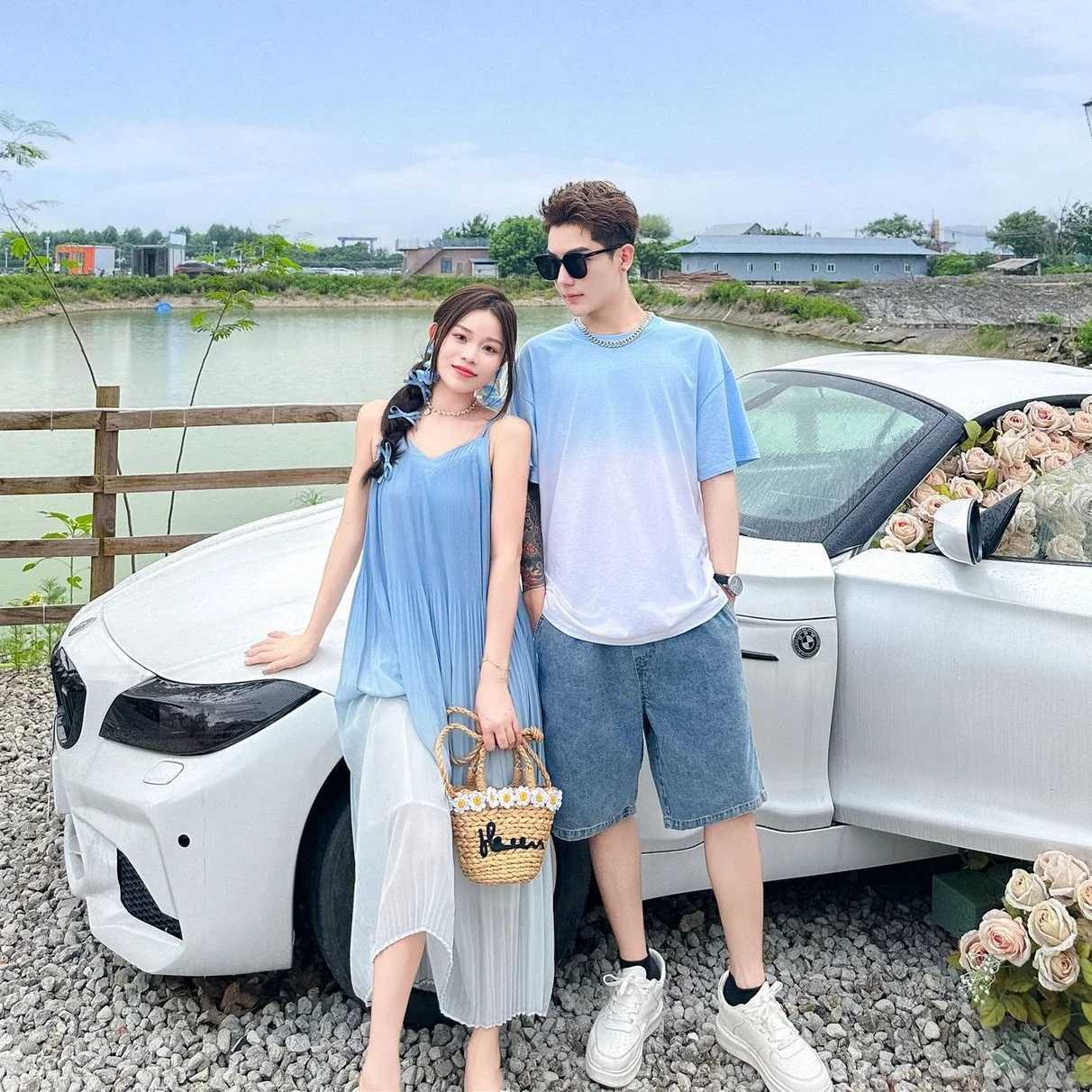 Family Fashion Beach Mother Father and Girl Boy Blue Clothes Vacation Look Mom Daughter Holiday Dress Korean Dad Son T Shirts W250207