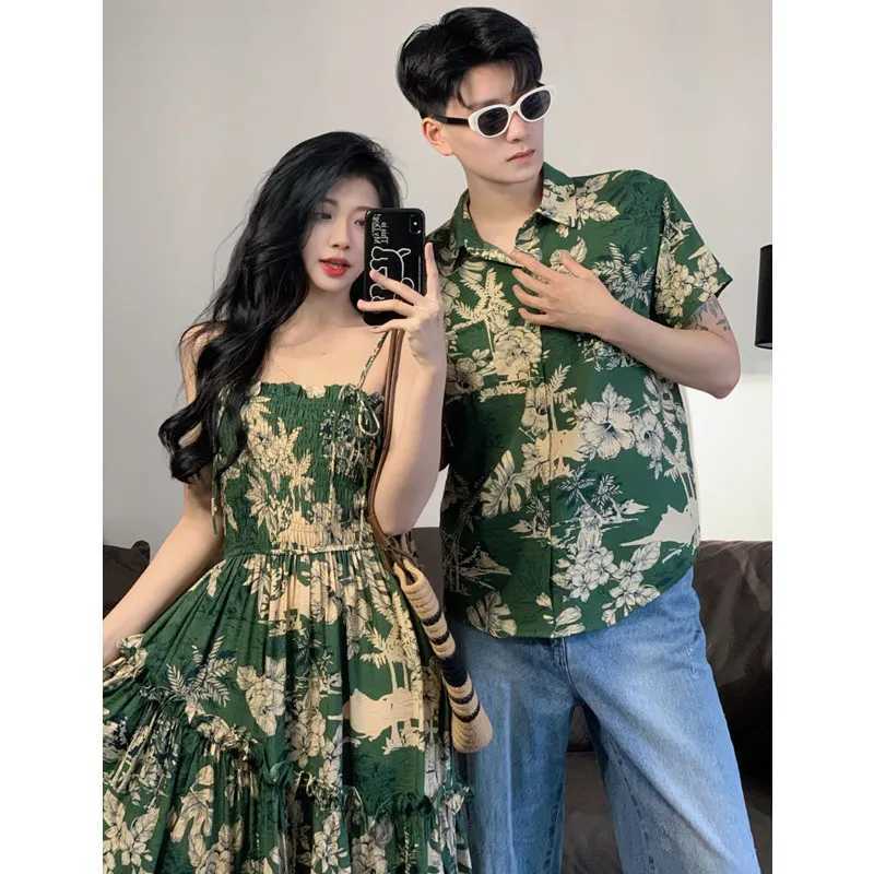 Holiday Family Matching Beach Clothes Couple Vacation Look Mom and Daughter Smock Green Dress Resort Dad and Son Print Shirts W250207