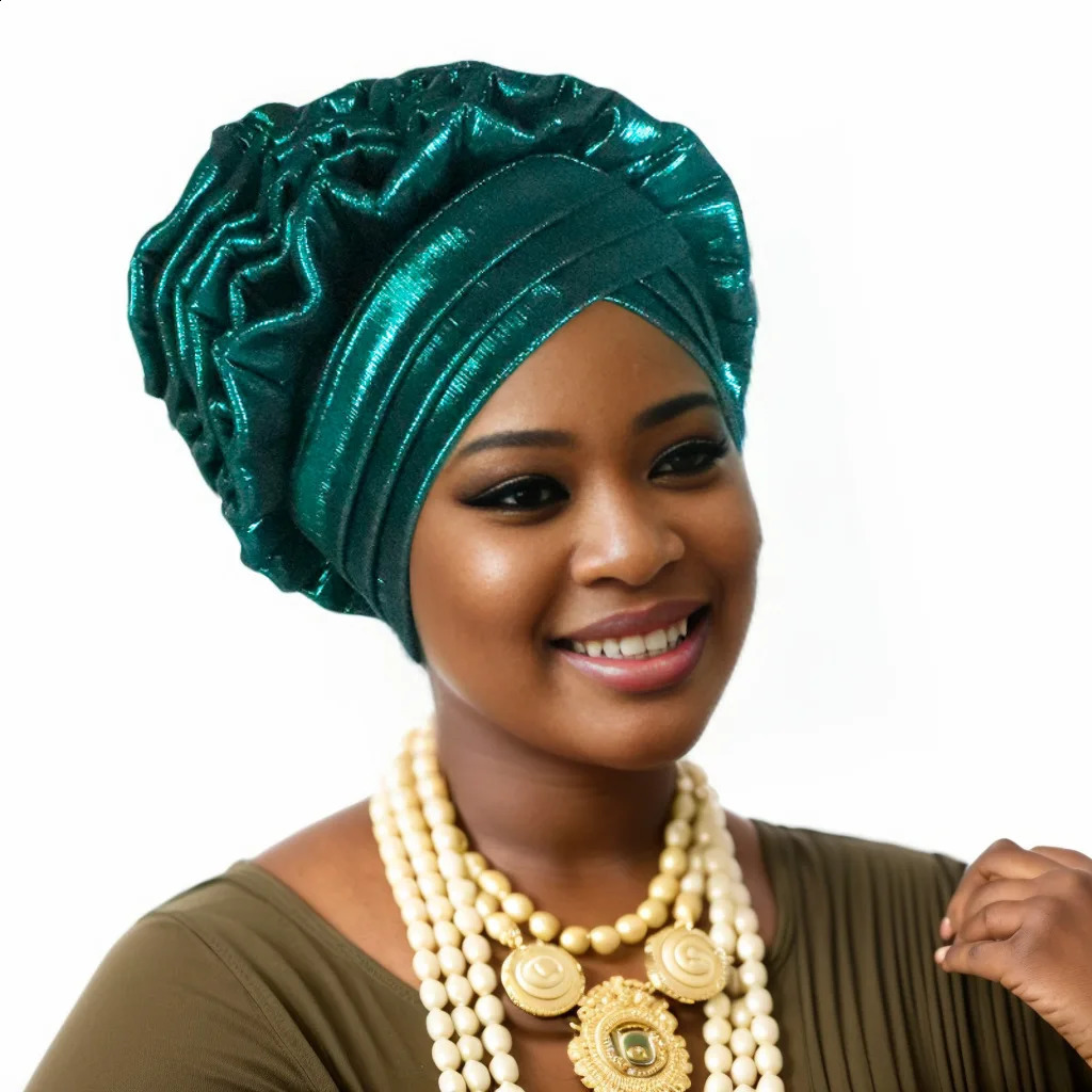 Fashion Women Elastic Ruffle African Turban Cap Lady Head Wraps Nigeria Wedding Auto Gele Headtie Party Headgear Headwear Hat 250207