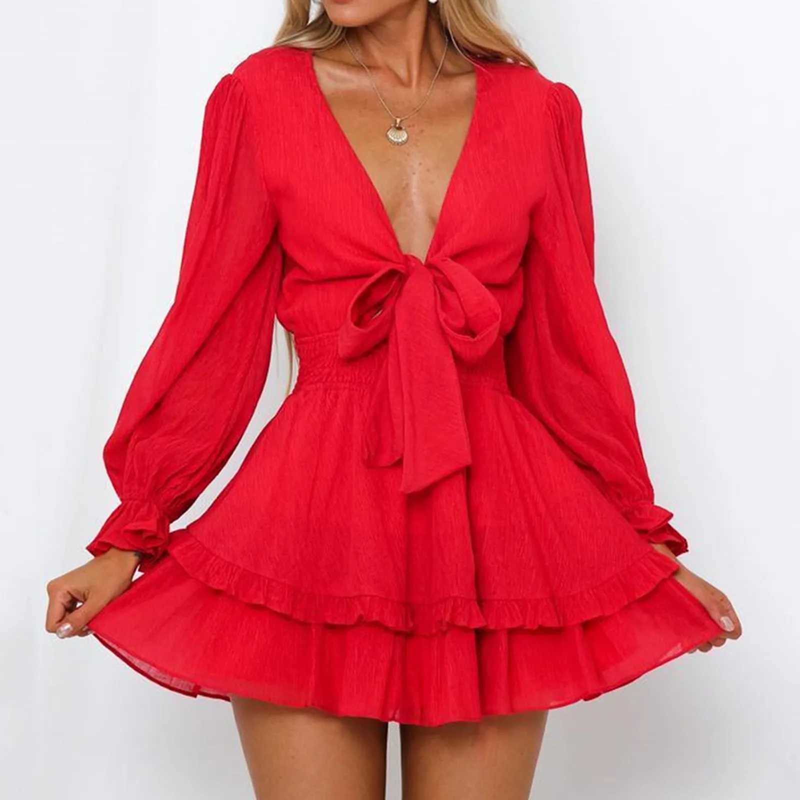 Womens Summer Fall Dress Sexy Lace-Up Deep V Neck Long Puff Sve Waist Tierred Flounced Edge Short Dress Loose Ele DressXJ2500207