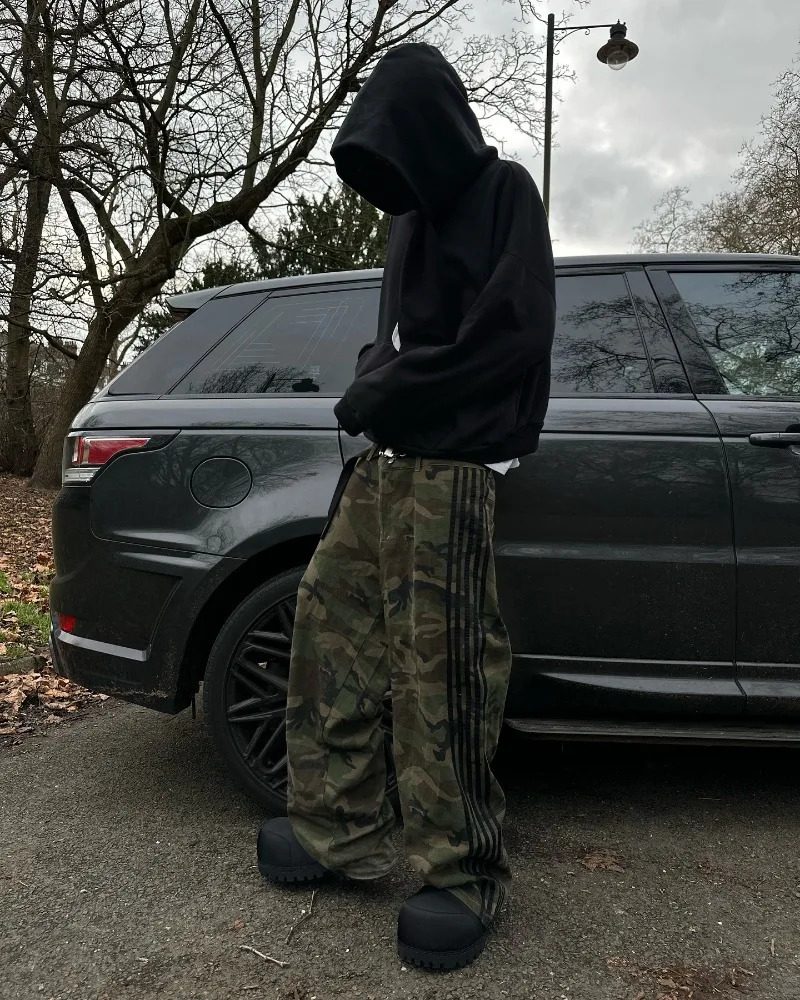 Goth fashion camouflage jeans for men Y2k Pants Harajuku retro Streetwear casual loose striped wide-leg pants 250206