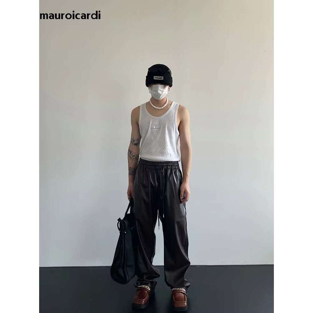Leather Pants Mauroicardi Spring Autumn Cool Black Soft Stretchy Waterproof Pu Leather Pants For Men With Elastic Waist Loose Casual Clothes