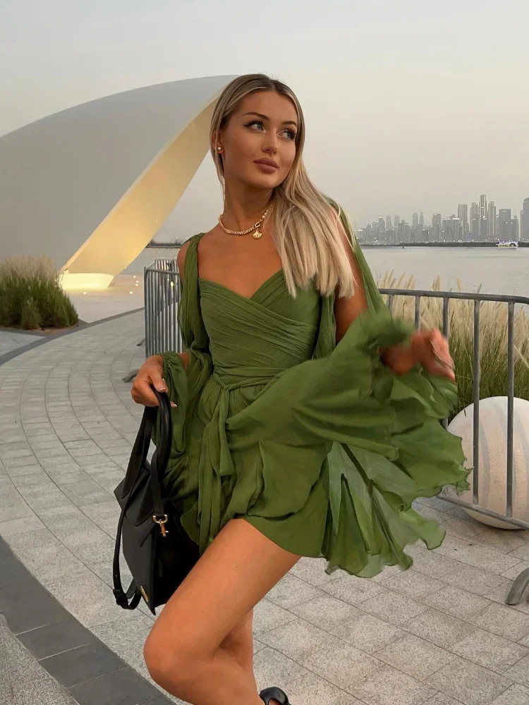 Womens Fashion Chiffon Pleated Lace Up High Waist Mini Dress Chic Green Hollow Out Full Sleeve Aline Dresses Lady Beach Robes 250206