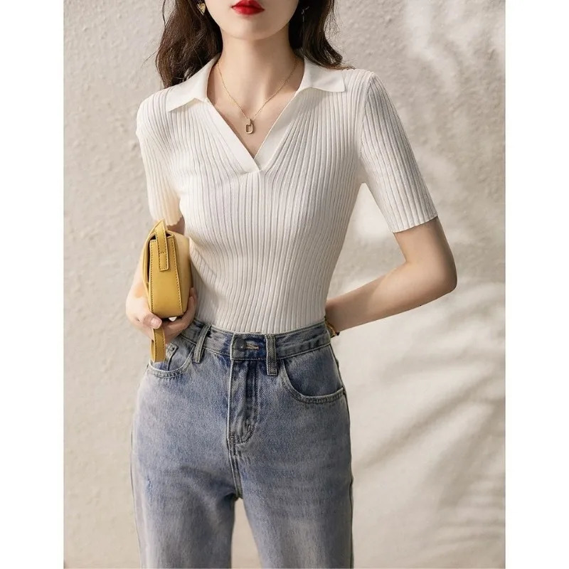 Womens Polo Shirts Slim Knitted Female Tee Plain T-shirts Korean Style Aesthetic Pulovers Casual Tops Short Sleeve 250207