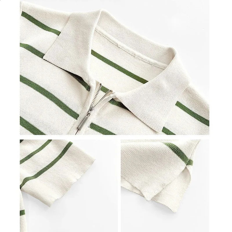 Summer Stripe Korean Fashion Casual Ice Silk Short Sleeved Polo Shirt Simple Temperament Women Lapel Zipper Loose Slim Thin Top 250207