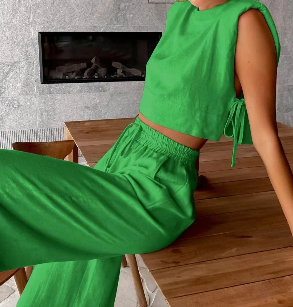 Fashion 2 Piece Sets Women Outfits Shoulder Pad Sleeveless Top Pants Sets Casual Cotton and Linen Womens Suit 2024 Summer 250107