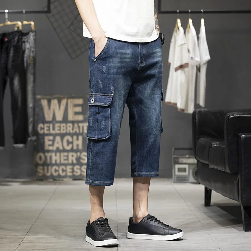 Cargo Man Denim Shorts Knee Length Half Long Bermuda Short Jeans Pants for Men with Pockets Blue Jorts Thin Streetwear Xl 250207
