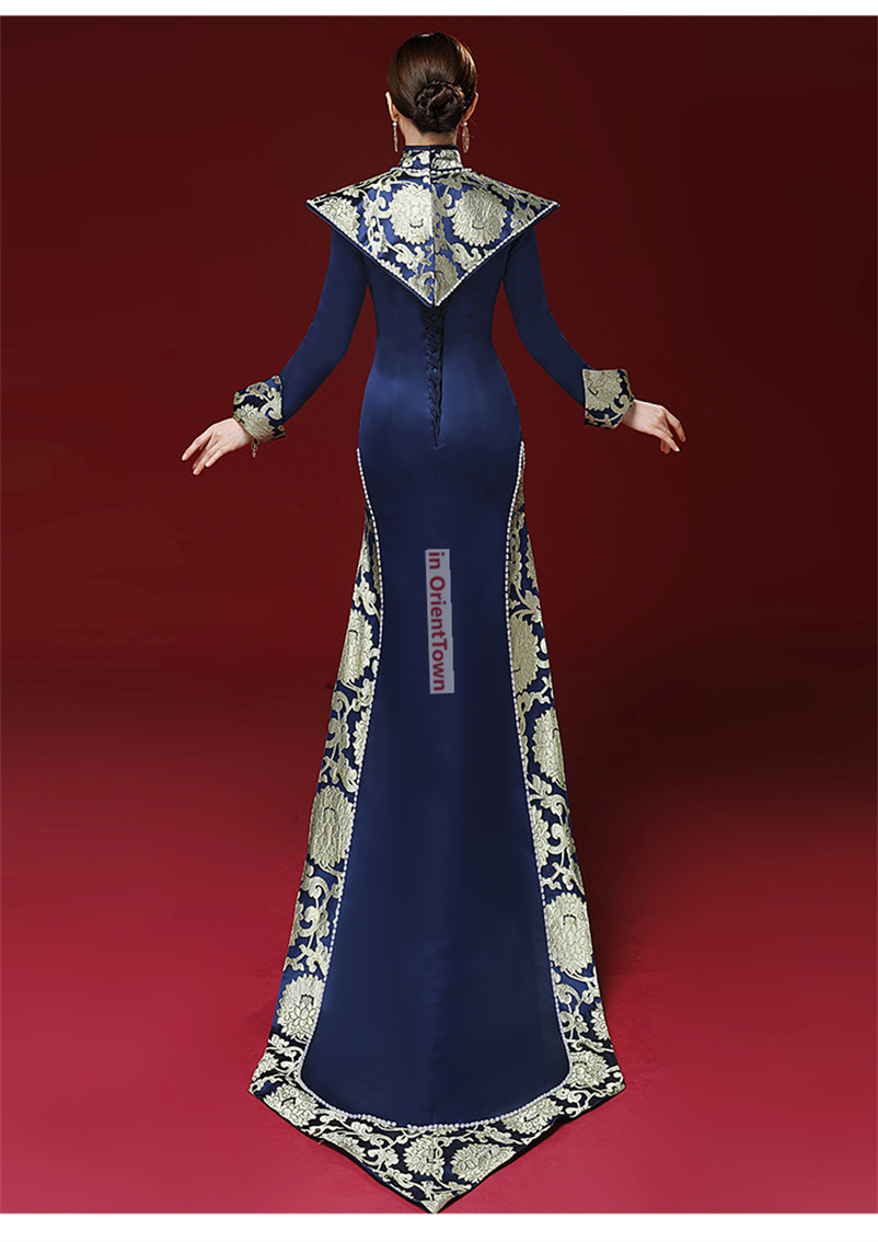 Chinese Style Model Blue Cheongsam Red Carpet Show Clothing High End Tailing Performance Costume Host Banquet Evening Dress
