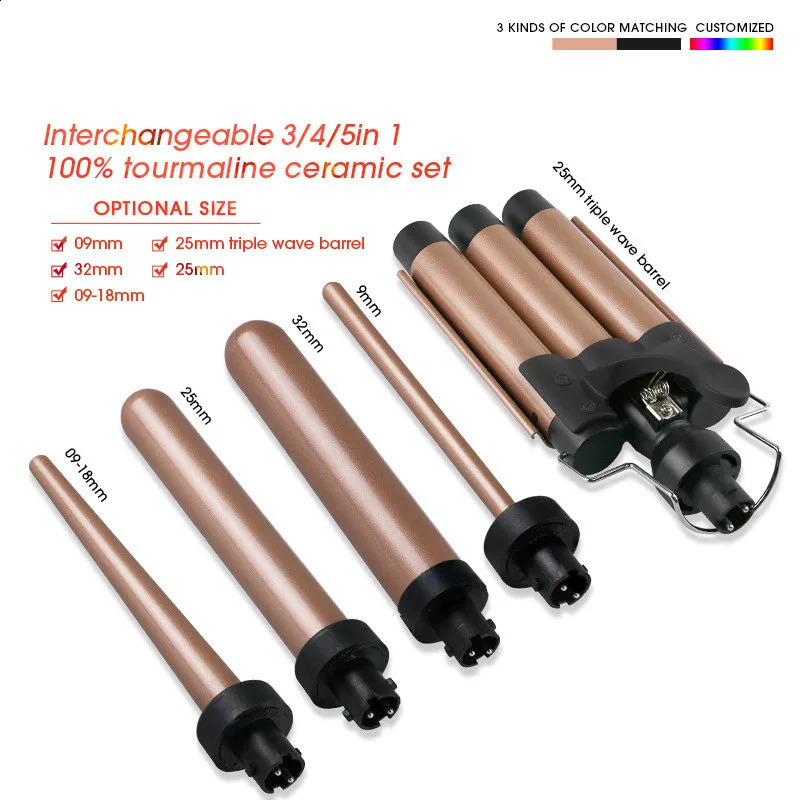 5 in 1 Curling Wand Sets with 3 Barrel Hair Waver Dual Voltage Instant Heating Temp Adjustment Hair Crimper Iron for Women 250206