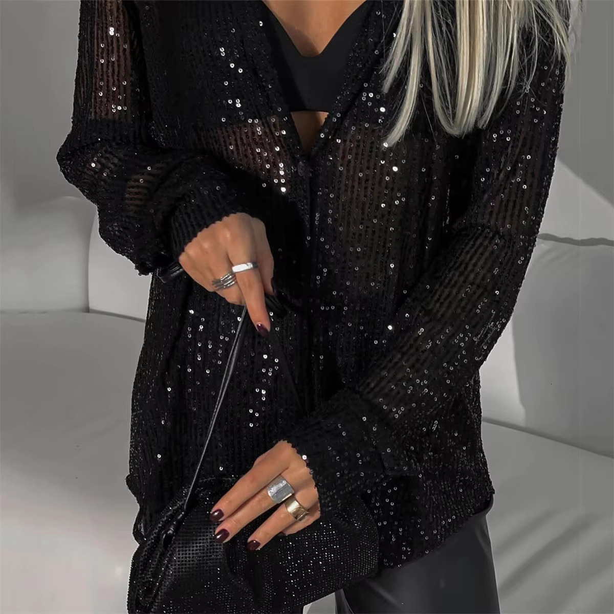New Pearl Top with Collar Long Sleeved Cardigan Basic Women's Shirt Jacket