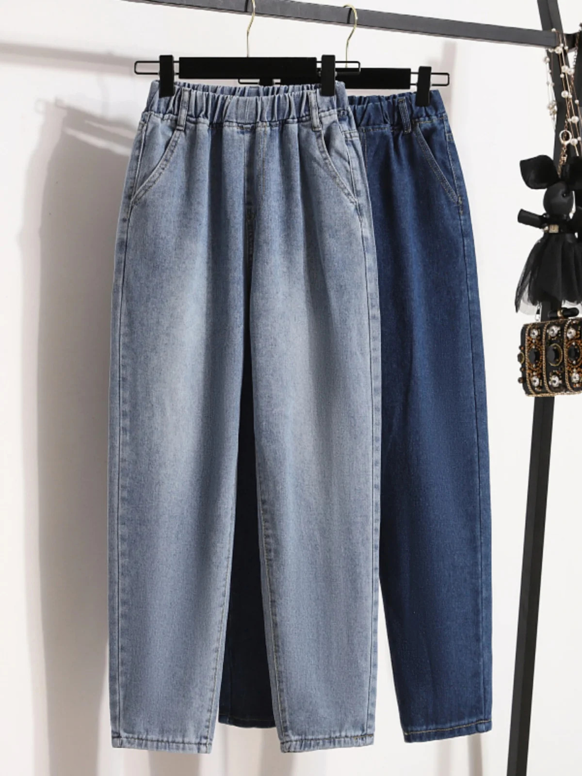 Large Size High Waisted Jeans Fashion Loose Elastic Waist Casual Harlan Pants 2024 Autumn AnkleLength Denim 250121
