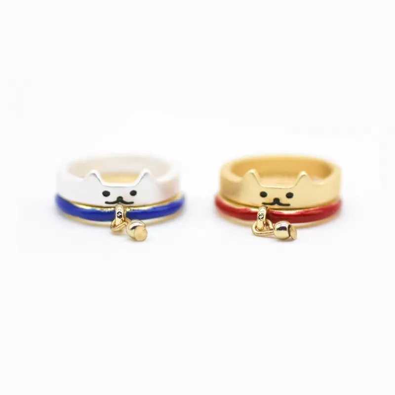 Set of 2 Cute Fashion Painted Enamel Animal Cat Bell Paw Print Open Ring Women Fashion Jewelry Couple Gift W250207