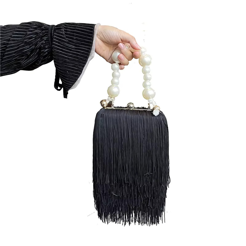 Small Square Female Pearl Chain Handbag Dinner High Quality Long Tassel Clutch Black Evening Bag PU Cartoon