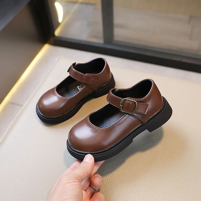 Children Fashion Girls Leather Shoes Versatile Soft Spring and Autumn Black UK Uniform School Shoes Round-toe Brown PU 250206