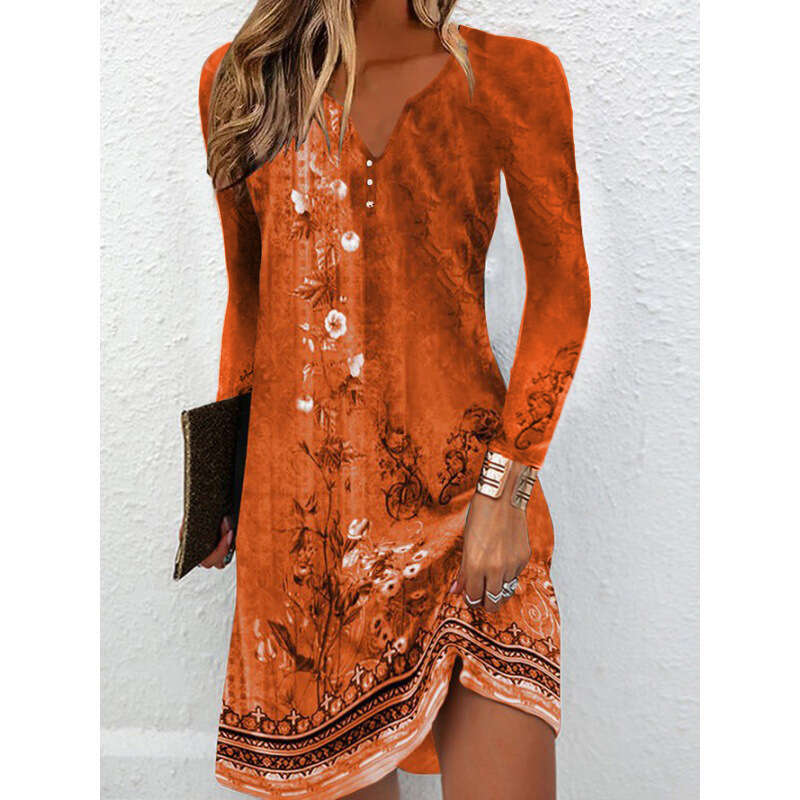 hot autumn long sleeved V-neck button irregular dress for women's clothing, 2024 new style, chic and elegant clothing