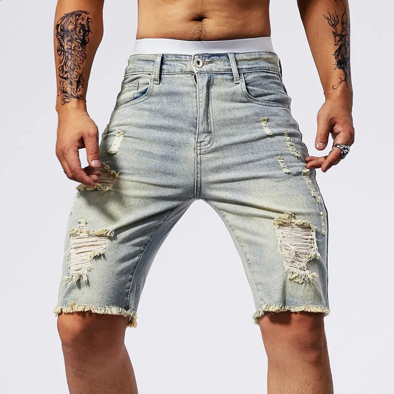 Vintage Denim Shorts Mens American Stretch Slim Jeans Fashion Ripped Streetwear Male Hole Frayed Short Pants Blue Black 250206