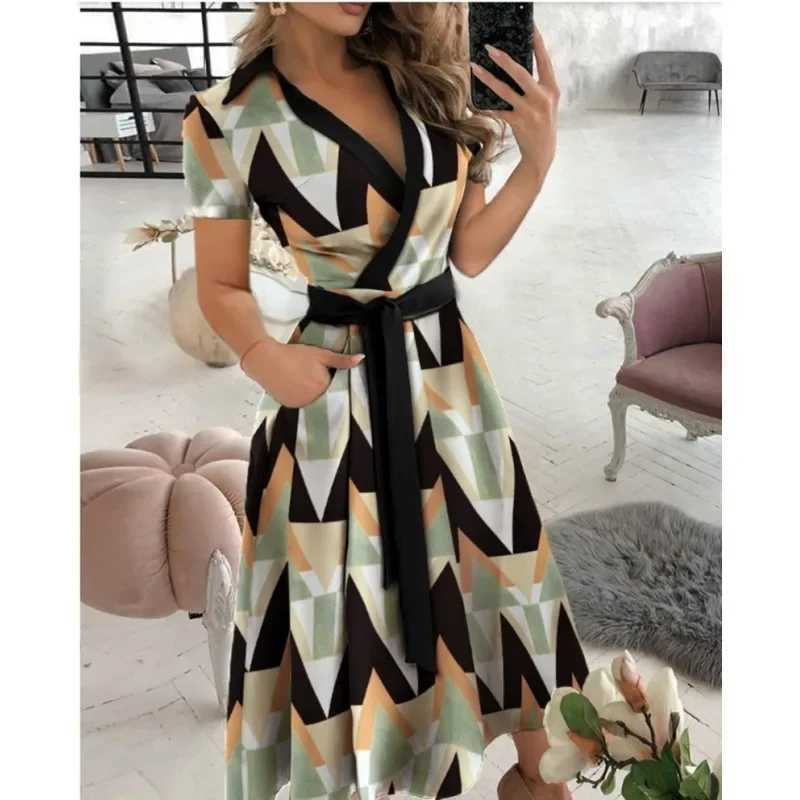 2023 Spring Autumn Dress Women Fashion Solid Slim Pocket Lace Up Dress Women Casual Printed Short Sve V-neck High Waist DressXJ2500207