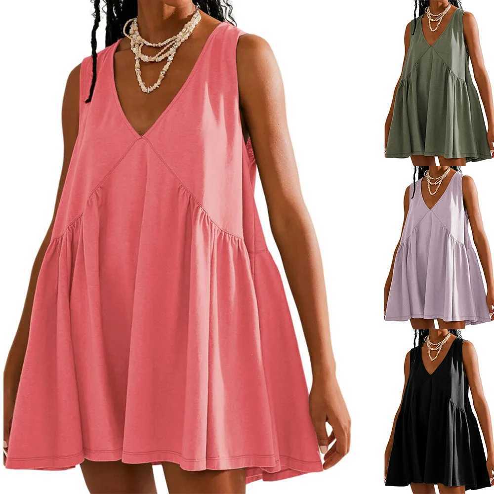 2024 Womens Beach Dress Casual V-neck Sveless Loose Vest Dress Womens Summer Sun Dresses Fe Retro Solid Soft DressXJ2500207