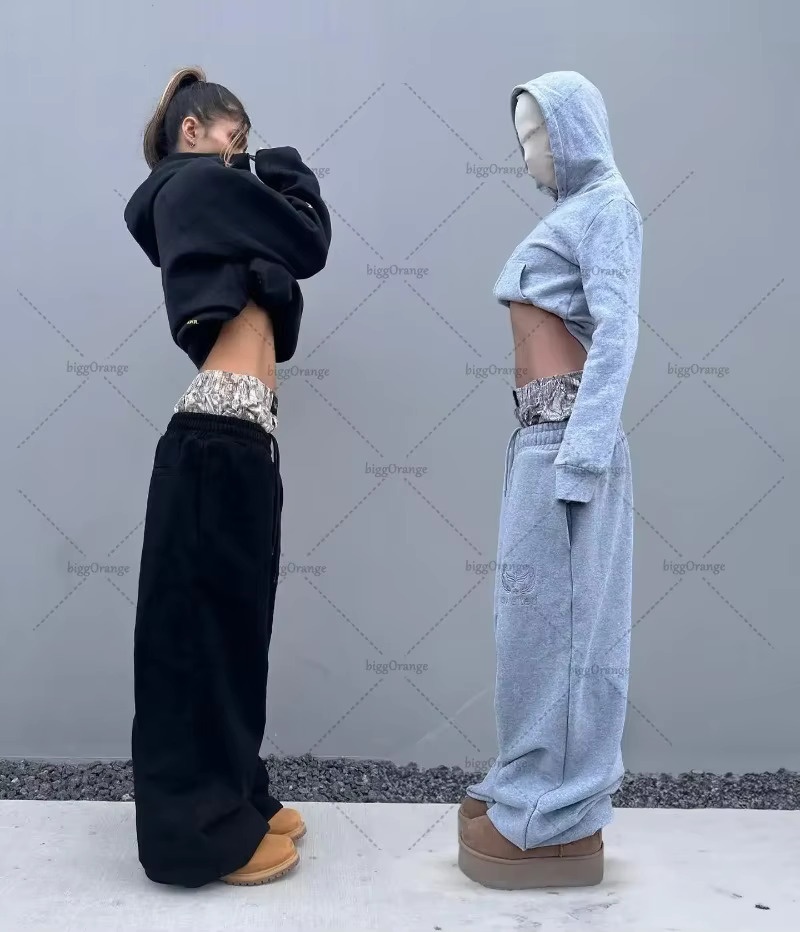 European American High Street Fashion Trousers Fake Two Piece Sweatpants Loose And Versatile Drawstring Wide Leg Pants Women