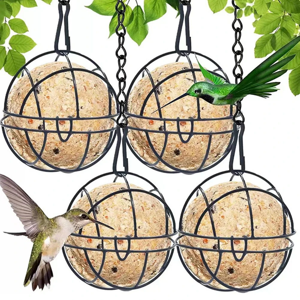 4Pcs Fat Ball Holders Metal Hanging Bird Feeders With S-shaped Hooks Wild Bird Feeding Dispenser Garden 7cm Diameter Black 250121