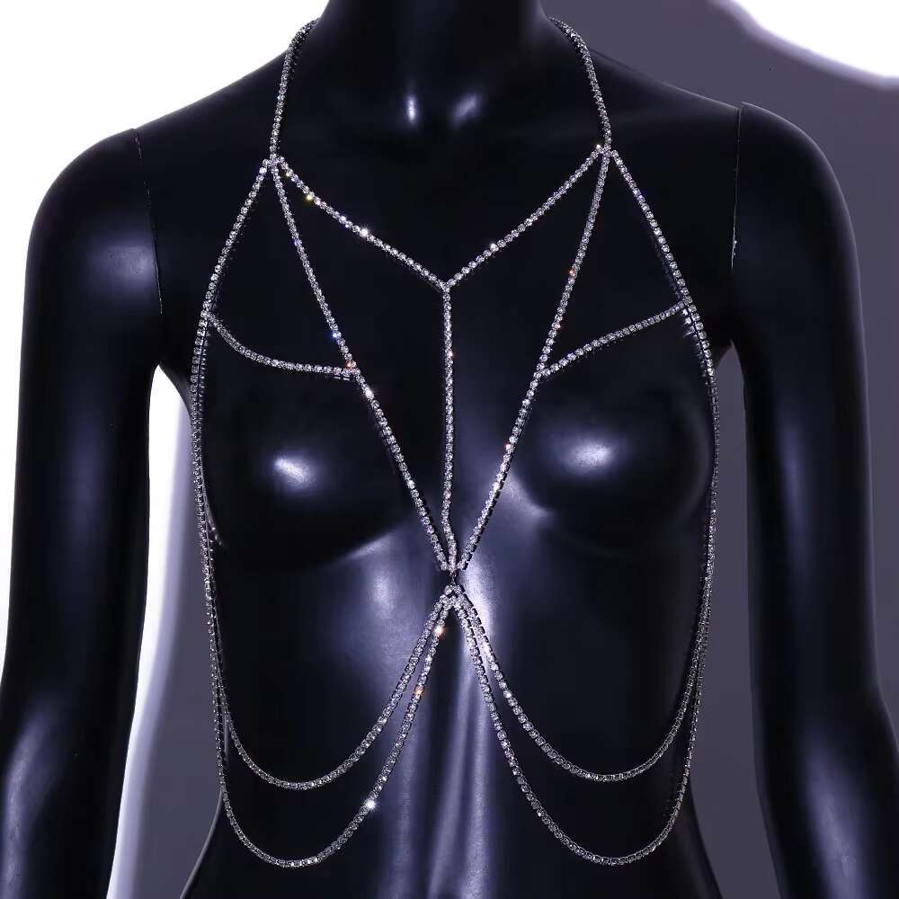 Shine Rhie Cross Chest gerie Harness Necklace Nightclub DJ Outfits Sexy Bikini Bra Chain Tassel Body Jewelry