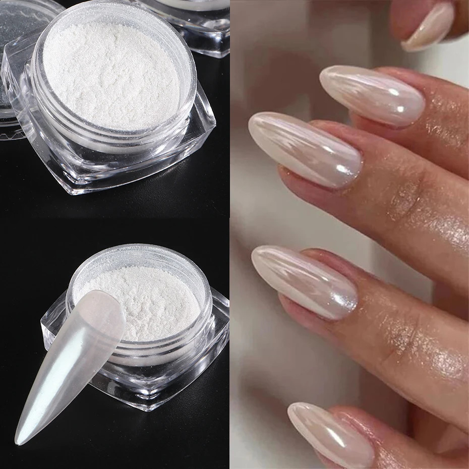 Moonlight Pearl White Nails Glitter Dust Chrome Aurora Rubbing on Powder Shell Mirror Pigment Nail Art Supplies Decoration 250115